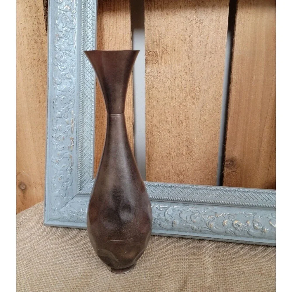 Vintage MCM Indented Pattern Metal Vase 11 Inches Tall